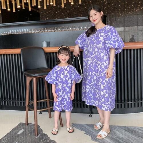 Mommy And Me Skirt Purple Puff Sleeve Flower Print Parent-Child Outfit for Girls Summer Floral Dresses Free Shipping at Discount