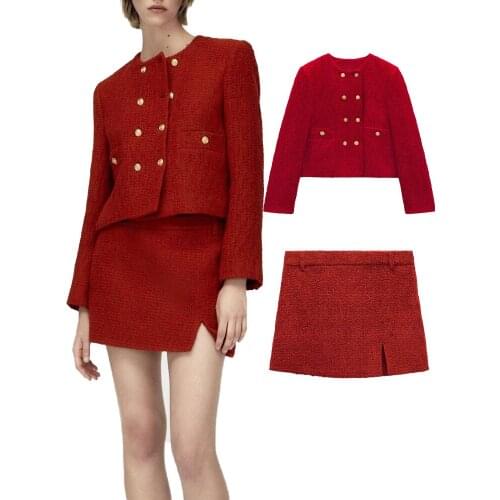 ZA autumn new ladies all-match casual texture double-breasted suit jacket and high-waist texture skirt office professional wear