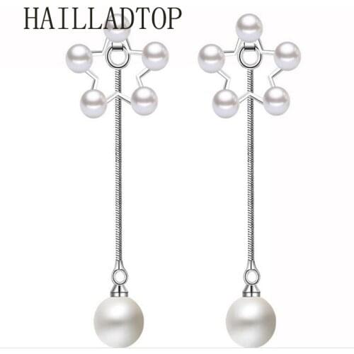 Pearls Earrings For Women Silver Plated Drop Earring Hypoallergenic Jewelry Pentagram Shaped Dangle Earrings Schmuck Gift