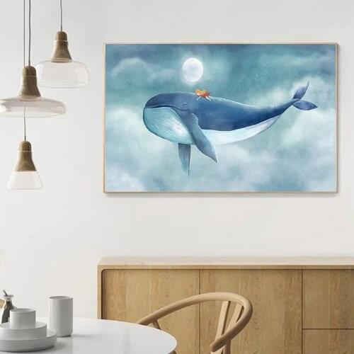 Modern Cartoon Poster Wall Art Canvas Painting Blue Whale And Boy Picture For Kids Room Decoration Posters And Prints No Frame