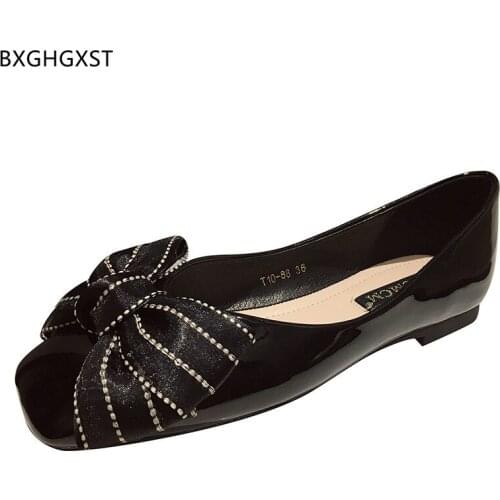 Black Loafers Patent Leather Shoes Women Flats Slip on Shoes for Women 2021 Butterfly-knot Boat Shoes Woman Zapatillas De Mujer