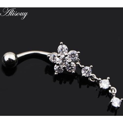 Alisouy 1pc Navel Body Jewelry with three CZ Stone Pendant Belly Button Rings Steel Rhinestone flower omblingo Belly Piercing