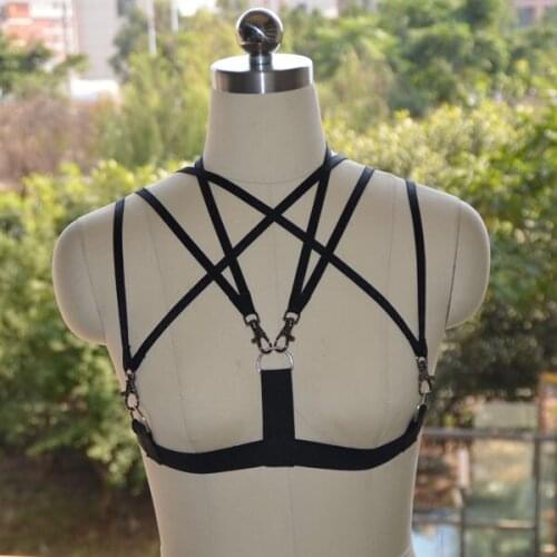 Womens fashion, pentagram black elastic harness sexy cage bra, sexy fetishharness, erotic clothing O0085