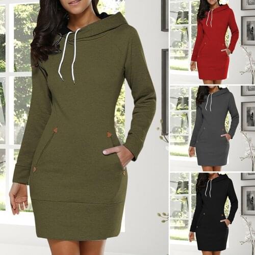 Autumn Winter Women Hoodie Dress Long Sleeve Pocket Drawstring Pullovers Female Warm Casual Hooded Sweatshirts Size M-4XL