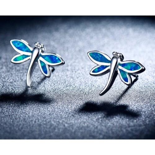 Beautiful Charm Dragonfly Design Blue Opal Stud Earrings For Women Fashion Gifts