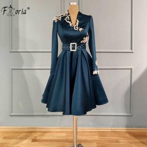Elegant Muslim Short Evening Dresses With Sash 2021 Dubai Arabic Satin V-Neck Long Sleeve Women Formal Dress robe de soiree