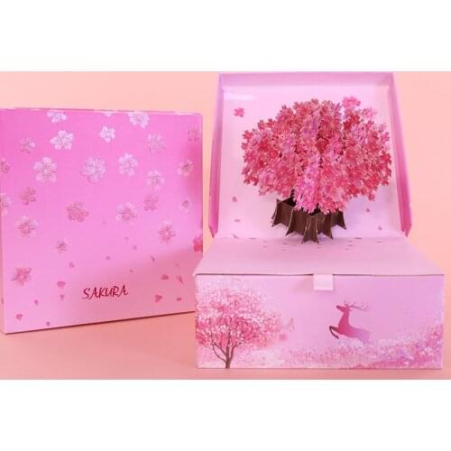 1 Set 2in1 Cardboard Wedding Gift Boxes Bag Candy Box + 3D Cherry Blossoms Sakura Greeting Card Wedding Package Party Supply