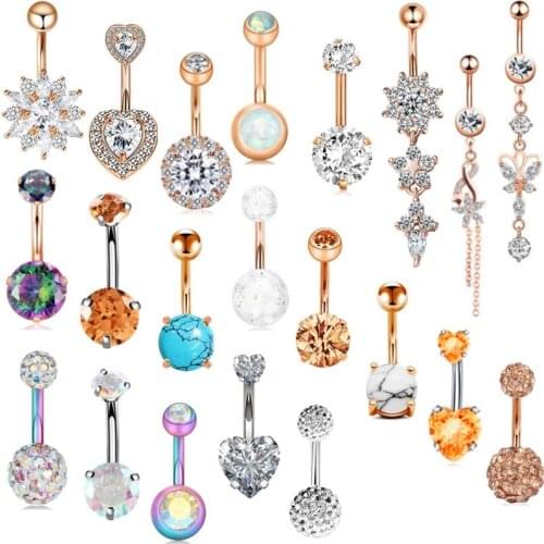 1PC Surgical Steel Flower Belly Button Ring 14Gcrystal Belly Ring Body Piercing Sexy Navel Piercing Ring Belly Bar Navel Jewelry