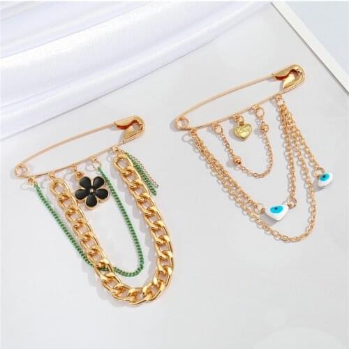 1PC New Vintage Tassel Coin Evil Eye Brooches For Women Heart Turkish Eye Flower Meteor Pendant Chain Brooch Badge Jewelry P134