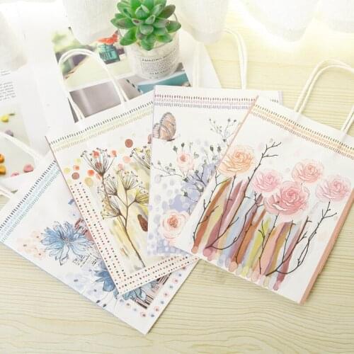 10pcs/lot 25.8*18.8cm Kraft Paper Bag With Flower Print Store Packaging Bag Environment Friendly New Arrival