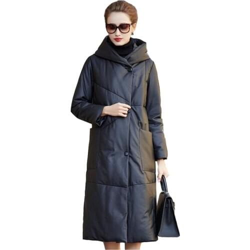 2020 High quality Women Winter Genuine Leather Coats Down Jacket Sheepskin Outerwear Plus size Thick Warm Hooded Long Coats KW27