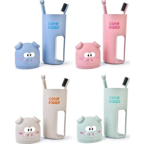 New 3pcs in One Set Cute Pig Toothbrush Cup Travel Suit Random Color For Toothbrush Wheat Straw Safety Nano-antibacterial Kit