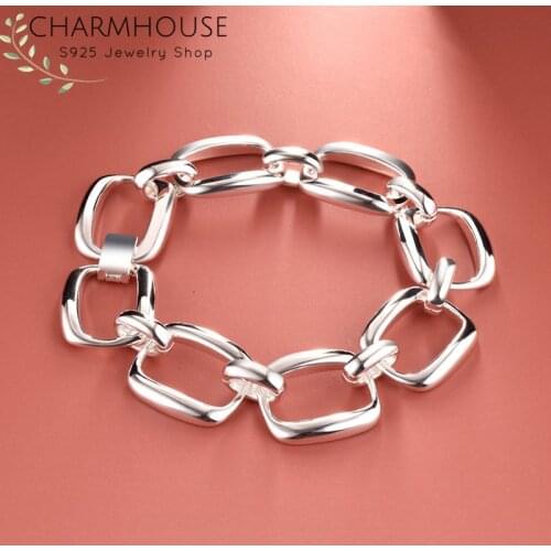 Pure Silver Bracelets For Women Square Geometric Link Chain Bracelet & Bangles Pulseira Femme Wristband High Quality Jewelry