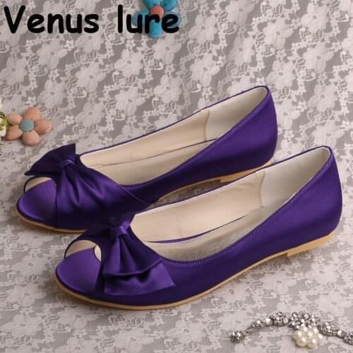 Name Brand Summer Ballet Flats for Wedding Purple Satin Peep Toe Women Bridal Shoes