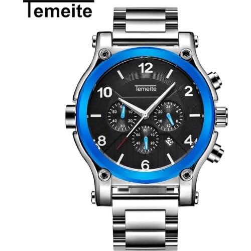 TEMEITE Men Watch Big Dial Watch Brand With Date Business Stainless Steel Strap Watch for Men Real triple eyes Relogio Masculino