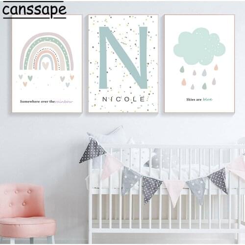 Nursery Wall art Canvas Print Custom Name Posters Rainbow Painting Clouds Art Prints Nordic Wall Pictures For Kids Room Decor