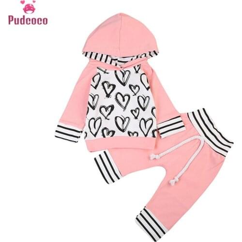 Toddler Kids Baby Girl Clothes 2019 Autumn Winter Heart Print Hooded Sweatshirt Tops+Pant Legging 2PCS Clothing Set 0-3Y