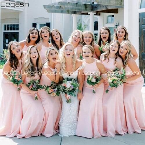 Eeqasn Wholesale Cheap Mermaid Bridesmaid Dress 2021 Light Link O Neck Back Open Sweep Train Maid of Honor Dresses Party Gown