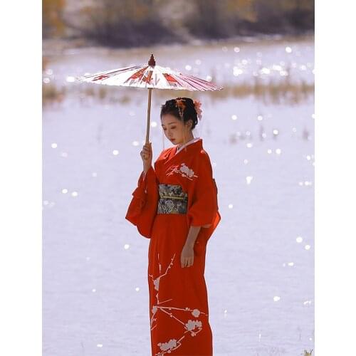 Womens Kimono Robe Traditional Japan Yukata Little Red Winter Plum Dress Performing Wear Cosplay Clothing Polyester
