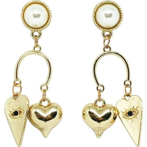 Fashion Gold Color Heart Eye Shaped Pearl Pendant Geometric Women Dangle Earrings Long Drop Earrings For Women Drops Earrings