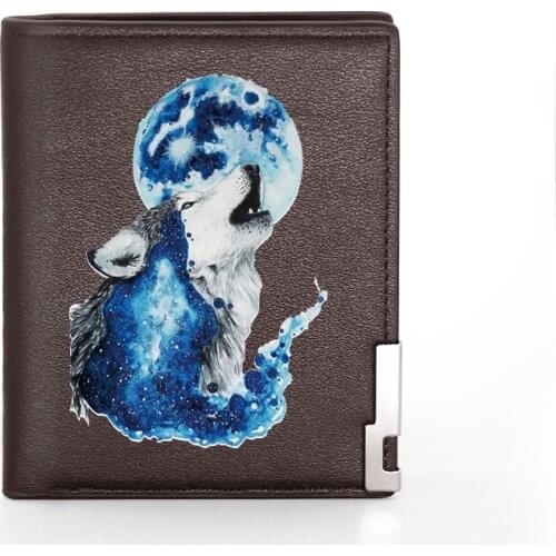 Cool Moon Wolf Printing Mens Wallet Leather Purse For Men Credit Card Holder Short Slim Money Bags