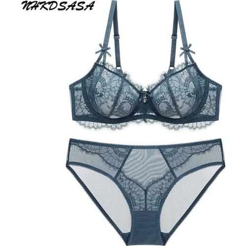 NHKDSASA Womens Thin Transparent Lace Bra Set Sexy Lingerie 3/4 Cup Comfortable Underwear Solid Lingerie Bralette Set