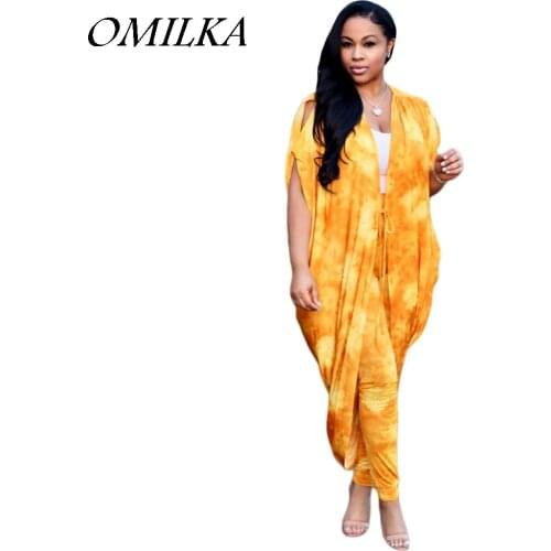 OMILKA 2 Piece Set 2018 Summer Women Dye Printed Cardigan Batwing Cape Two Piece Outfits Casual Loose Club Party Clothing Set