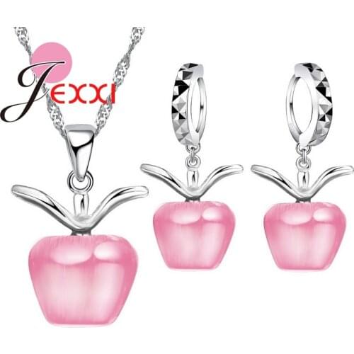 5 Colors New Shiny 925 Sterling Silver With Lovely Apple Cat Eyes Stone Pendant Necklace/Earring Jewelry Gift Sets