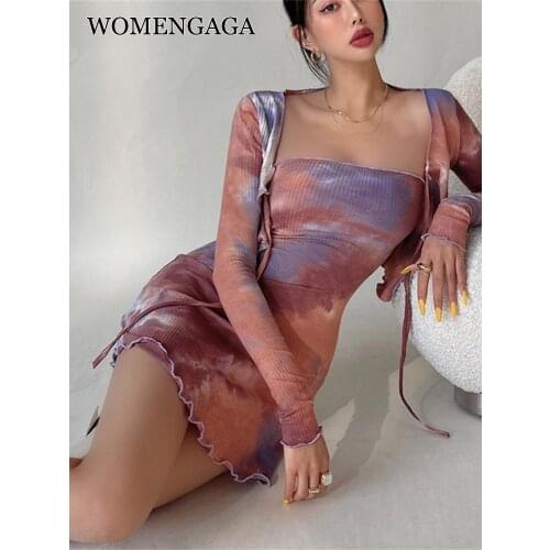 WOMENGAGA Sexy Slash Neck Tank Vest Dress Long Sleeve Elastic Knitted Tie Dye T Shrot Hot Sexy Korean Women Mini Dresses 1O52
