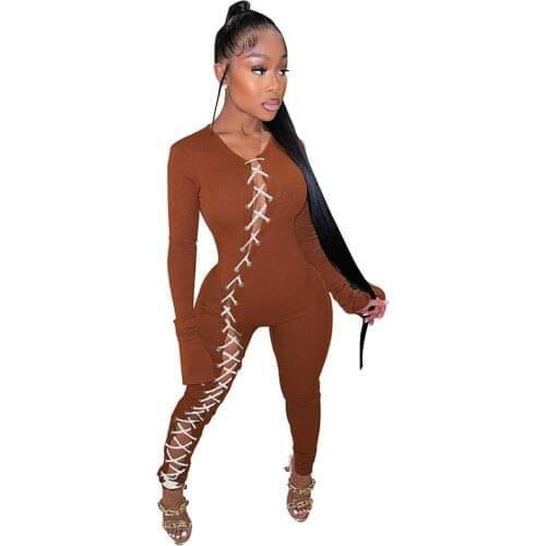 Hollow Lace Up Long Sleeve Rompers Womens Jumpsuit Overalls Party Club Outfits for Women Fashion Bandage Bodycon Sexy Jumpsuit
