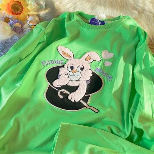 Vintage Cute Rabbit Embroidery Cartoon Long Sleeve Tops 2021 New Arrival Fashion Teens Clothes O-neck Casual Streetwear Harajuku