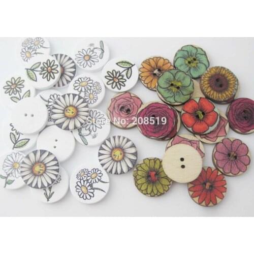 WBNAOG 2CM two holes round wood buttons floral printed Randomly 200pcs sewing craft supplies