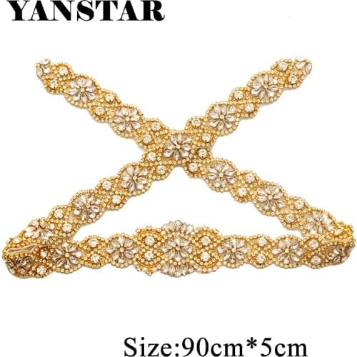 YANSTAR 30PCS Hand Beaded Sewing On For Bridal Sash Rhinestone Applique Accessory Iron By 90cm x 5cm Wedding Dress Belt YS893