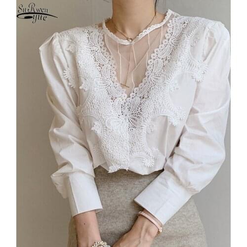 Autumn Spring Long Sleeve Women Blouse with Lace Office Lady Elegant Sexy Shirts Pullover White Black Female Tops Blusas 12451