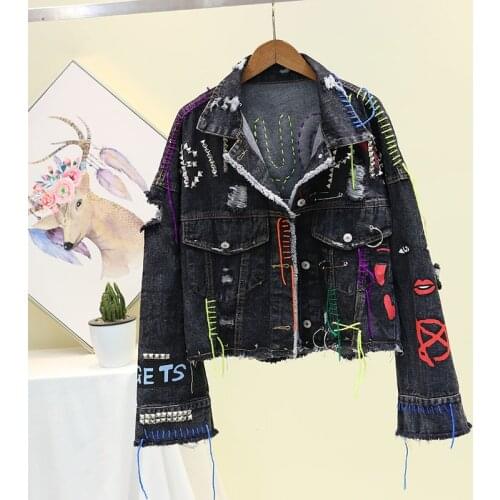 New Denim Jacket Female 2021 Spring Womens Denim Jackets England Style Jacket Coat Ladies Graffiti Black Denim Jacket Woman