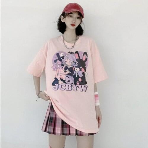Summer Pink Cartoon Anime Oversized Female T-shirt Vintage Women Tee Shirt Harajuku Kawaii Girl Tops Soft Goth Aesthetic