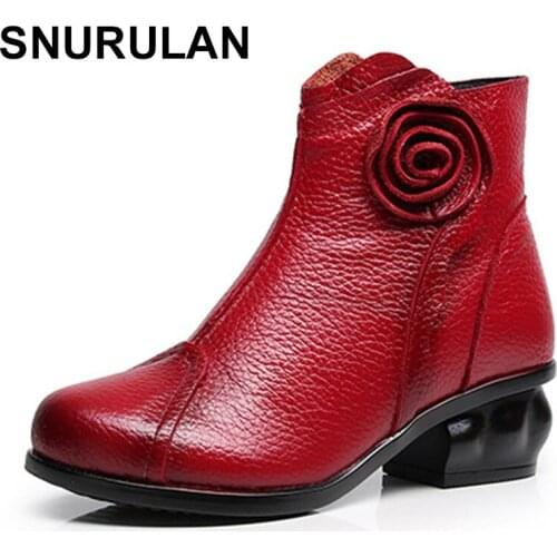 SNURULAN Women Boots Mother Shoes Zipper Ankle Flower Floral Cow Genuine Leather Winter Plush Fur Designer 35-41E207