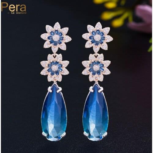 Pera Amazing Gradient Blue CZ Sunflower Charm Long Big Water Drop Crystal Pendant Dangly Earrings Wedding Jewelry for Women E805