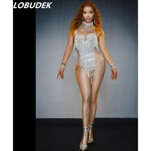 Sexy Bar Women Singer DJ Pole Dancing Costume Sparkly Sequins Tassels Tights Sleeveless Spandex Bodysuit Nightclub DS Stage Wear