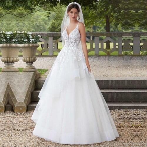 Princess Spaghetti Straps Wedding Dresses Boho V Neck Sleeveless Tulle Applique Lace Bridal Gowns 2021 Vestido de Noiva Backless