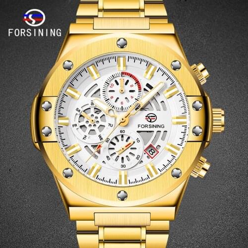 Golden Men Watches Automatic Mechanical Wristwatch Full Steel Strap Waterproof Clock 3 Eyes Mens Watches