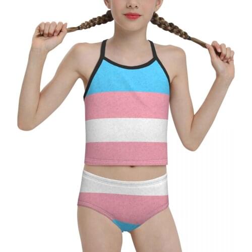 2021 proud Beach Wear for junior high school Girls Print Transgender Pride Flag Bikini Wholesale Brand for Children Girl