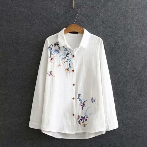 Plus Size XL-4XL White Green Embroidery Blouse Cotton&Linen Long Sleeved Loose Tops Vintage Blusas