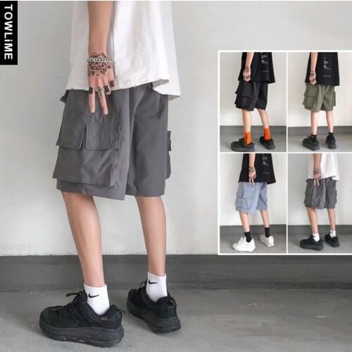 Men Japanese Streetwear Cargo Sweat Shorts 2021 Summer Hip Hop Knee Length Big Pockets Running Breeches Male Cool Joggers Pants