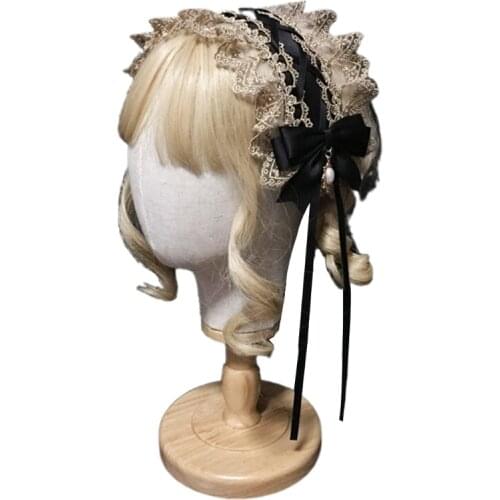 Gothic Lolita Maid Ruffled Lace Headband Crisscross Ribbon Bow Sweet Hairband Pearl Pendant Vintage Cosplay Headdress