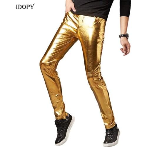 Idopy Fashion Night Club Men Shiny Gold Silver Black Pants Party Stage Performance Cool Halloween Holiday Trousers M-3XL
