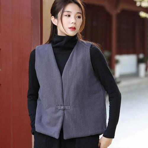 Johnature Autumn Winter 2021 New Cotton Linen Retro Single Button V-neck Warm Vests Solid Color Leisure All-match Women Top Vest