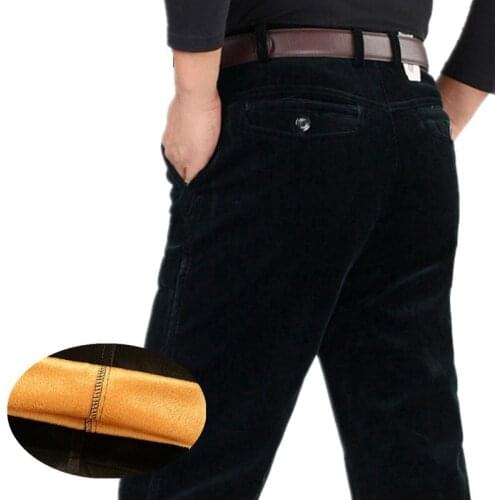 Quality gold cashmere trousers men middle-aged winter plus velvet thick warm mens corduroy pants super loose straight pants