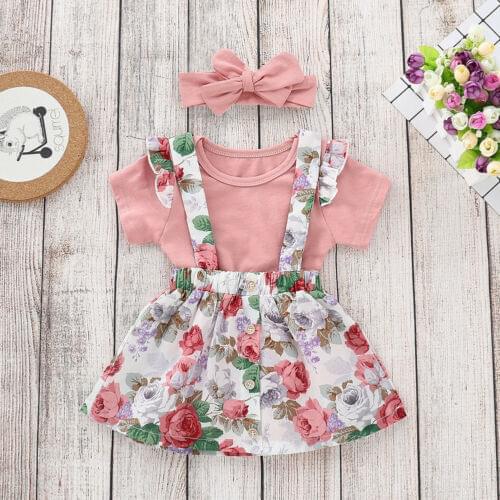 Newborn Tops Romper Summer Cute Girls Flower Rose Kid Floral Print Bowknot Skirt Baby Outfits Set Clothes 3Pcs
