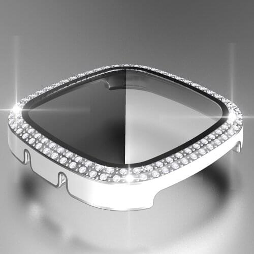 Fashion Women Diamond Screen Protector Case for Fitbit Sense Versa 3 2 Watch Cover Two-color PC Bumper Tempered glass Film Shell